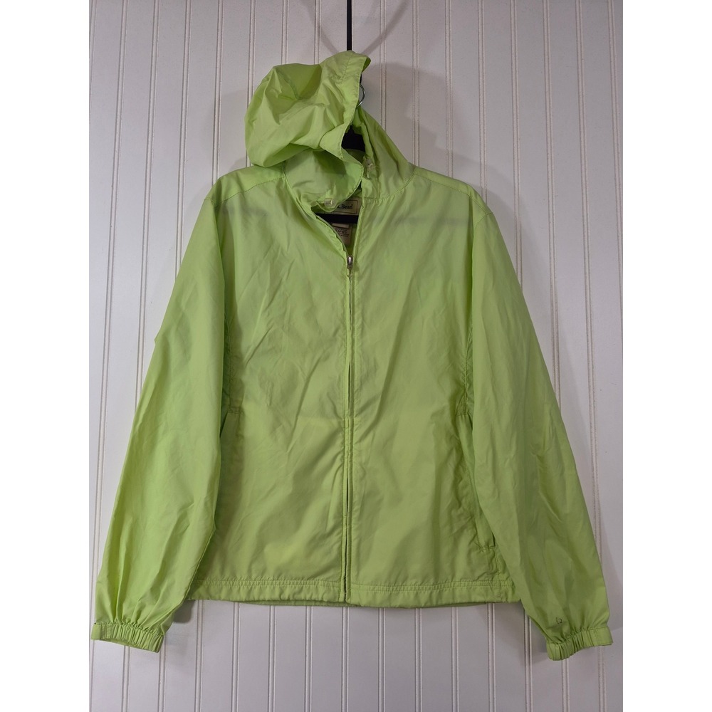 LL Bean Womens Lime Green Windbreaker Hooded Jacket Full Zip Nylon Size M